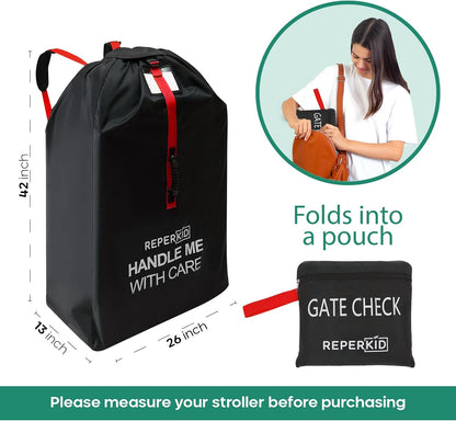reperkid Medium Stroller Bag for Airplane Travel, Black & Red, 42" H x26 W x13 D, Fits Most Single Strollers Incl. Jogging & Standard Models – Premium Waterproof Cover, Adjustable Shoulder Straps