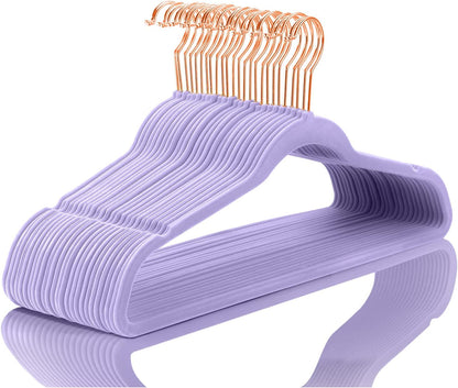 MIZGI Premium Velvet Hangers (50 Pack) Heavy Duty - Non Slip Felt Hangers - Velvet Suit Hanger Light Purple - Rose Gold Hooks,Space Saving Clothes Hanger
