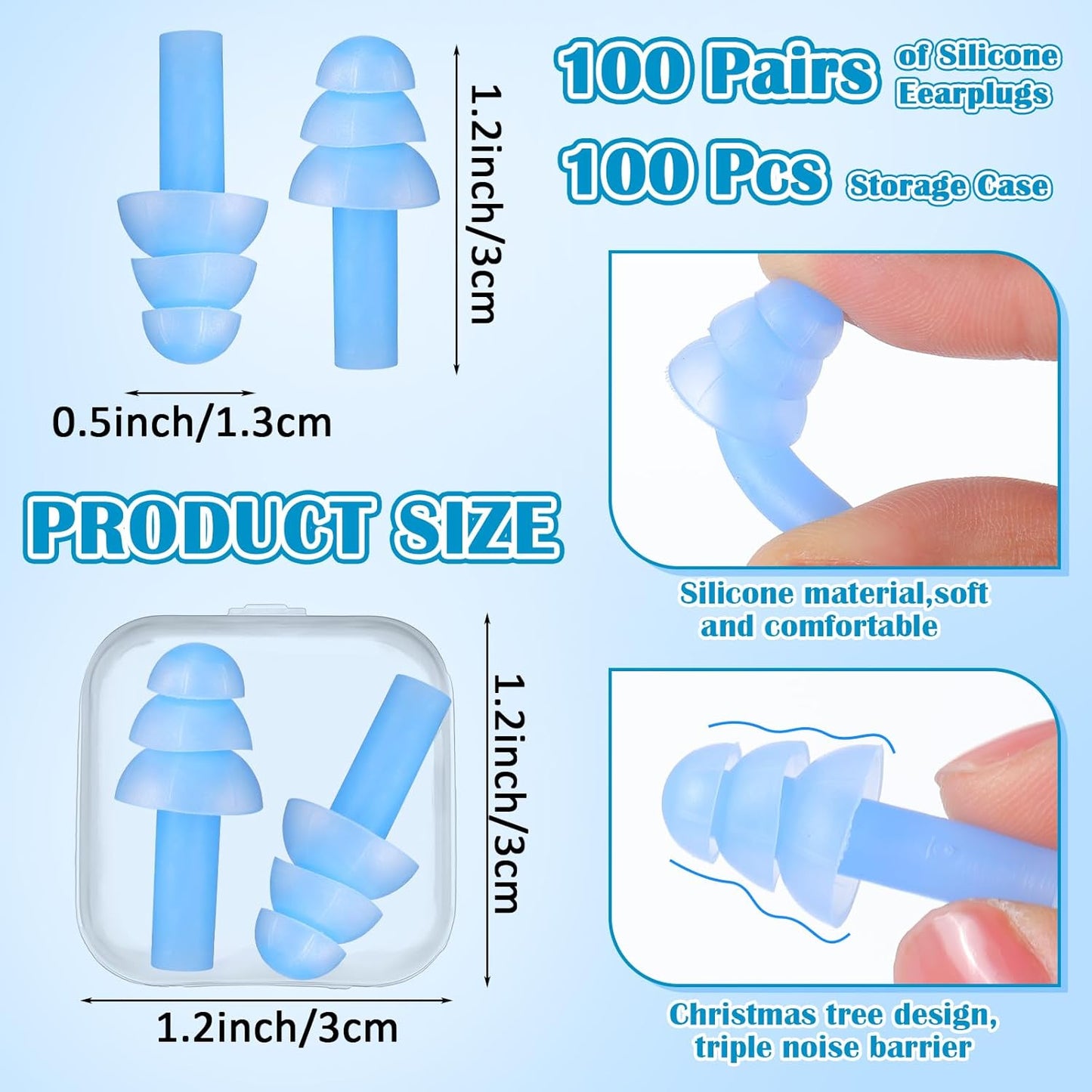 TrelaCo 100 Pairs Ear Plugs Bulk, NRR 29dB Reusable Silicone Ear Plugs with Plastic Cases Soft Foam for Sleeping Noise Cancelling for Concerts Shooting Swimming Noise Reduction(Light Blue)