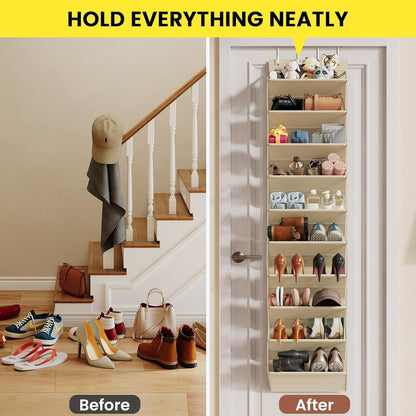 Over the Door Shoe Organizer for Closet, Shoes Rack with 10 Tier PVC Window Deep Pockets, Hanging Shoe Organizers for Boot Storage, Behind the Door Narrow Shoe Holder for Small Shoes, Beige