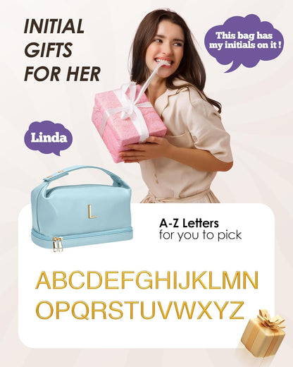 College Girl Gift Ideas, Personalized Makeup Bag with Handle, Initial Double Layer Cosmetic Bag with Makeup Brush Organizer, Birthday Gifts for 11 12 13 14 15 16 17 18 Year Old Girls