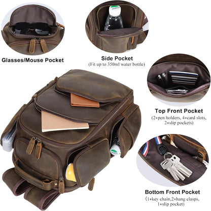 TIDING Vintage Full Grain Leather 16 Inch Laptop Backpack for Men Multi Pockets Travel Rucksack Weekend Business Daypack_Large
