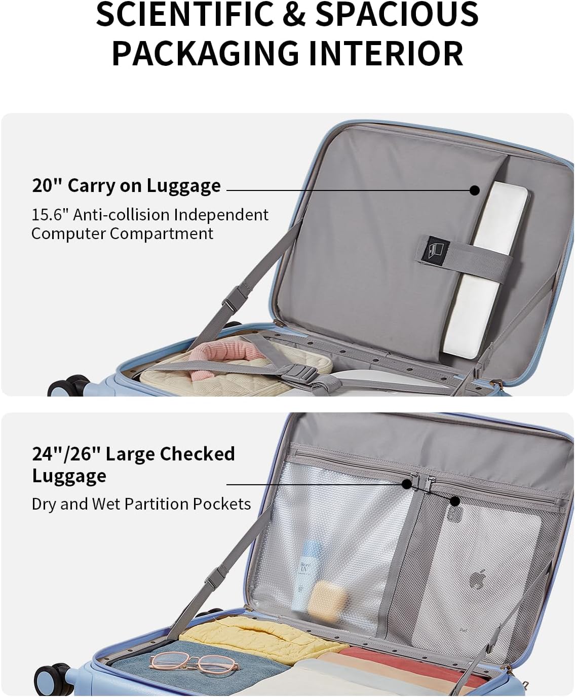 aji Expandable Top Open Carry On Luggage 22x14x9 Airline Approved, 20 Inch Hard Shell Carry On Suitcase with Spinner Wheels,Travel Small Luggage for Women Men,Blueberry Blue