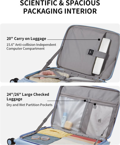 aji Expandable Top Open 26 Inch Checked Luggage with Spinner Wheels, Large Suitcase with TSA Lock, Hardside Travel Luggage Suitcases for Men Women, for 24+Days Travel, Blueberry Blue