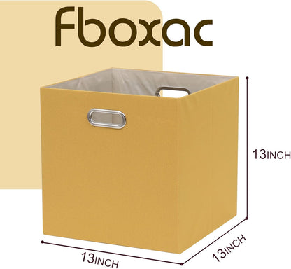 Cube Storage Bins 13×13x13 Inch, 4 Pack Collapsible Linen Fabric Storage Cubes with Handles, Thick Heavy Duty Storage Baskets for Shelves Kallax Bedroom Dormitory Toy Clothes, Yellow