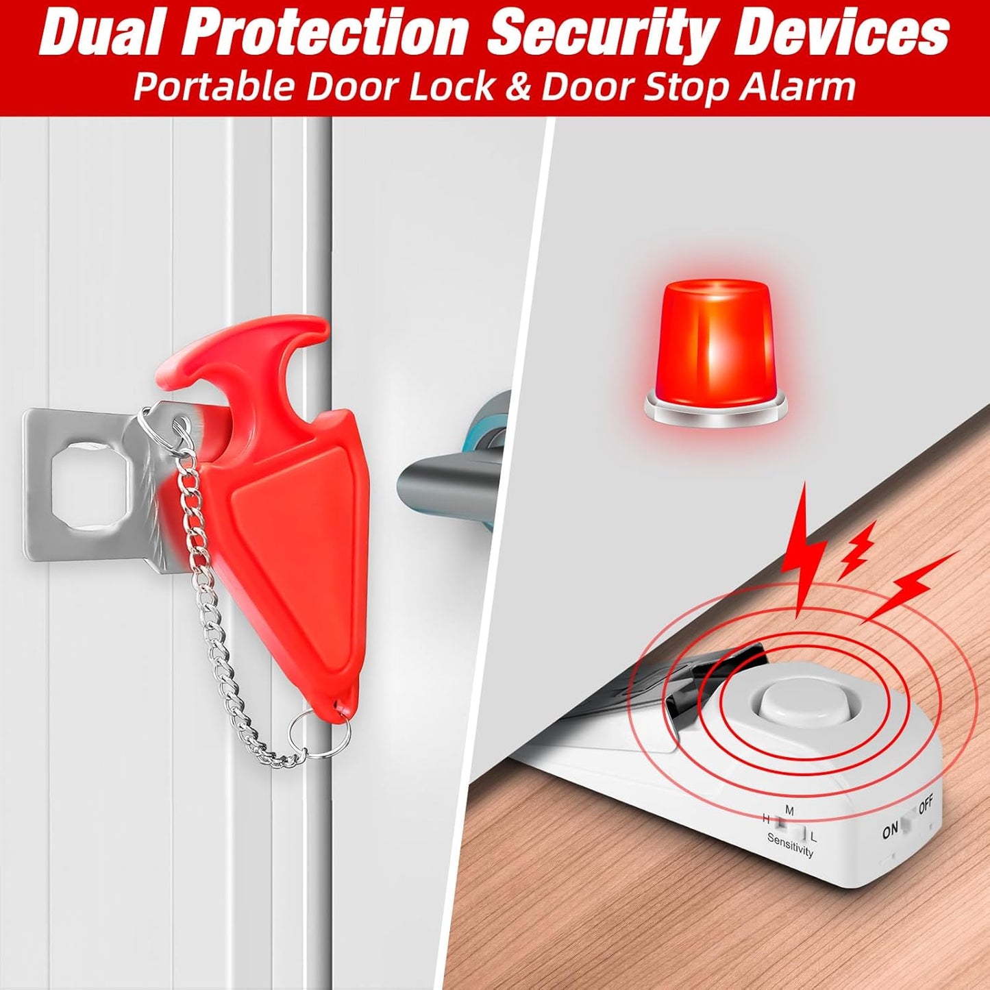 Portable Door Stop Alarm and Traveling Hotel Door Lock, No Installation Required, Provides Double Security for Home, Hotel and Traveling (1 Door Lock + 2 Door Stop)