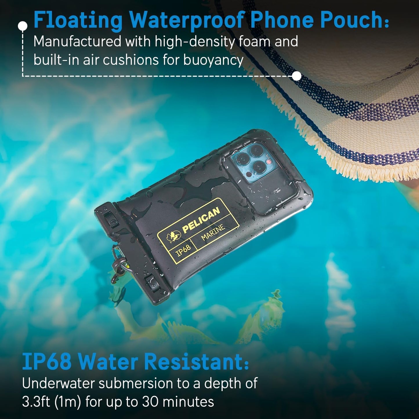 Pelican 4 Pack Marine - IP68 Waterproof Phone Pouch (Regular Size) Floating Waterproof Phone Case - Beach Cruise Ship Travel Essentials - Works w/All Phones - Detachable Lanyard - Black/Hi-Vis Yellow