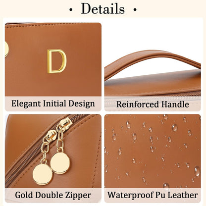 Birthday Gifts for Women Teen Girl, Personalized Initial Makeup Organizer Bag Set, Open Flat Travel Cosmetic Bag With Clear Divider and Handle(Brown,D)