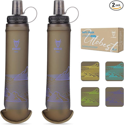 UTOBEST 500ml Soft Flask, 2 Pack Flexible TPU Hydration Water Bottle, Collapsible with 42mm Caliber for Running, Hiking, Cycling, Climbing, and Marathon Purple