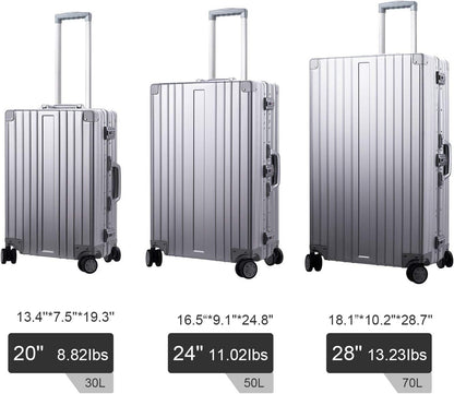 TRAVELKING All Aluminum Luggage Zipperless Hard Shell Luggage Case with TSA Lock Spinner Alloy Metal Suitcase (Silver, 24")