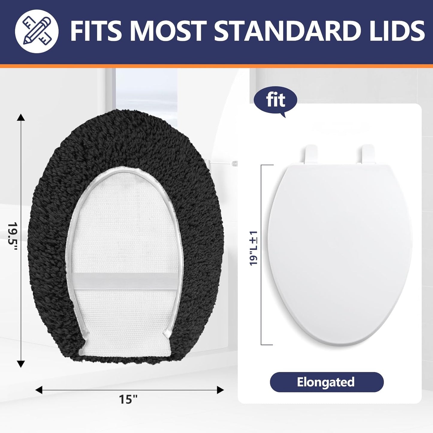 Microfiber Elongated Toilet Seat Cover 19.5"x 15" Machine Washable Solid Toilet Lid Cover Adjustable Rubber Backing Fits Most 18-19.5" L x 14-16" W Elongated Toilet Seat
