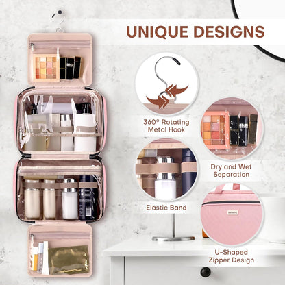 8L Travel Toiletry Bag with Jewelry Organizer for Women - 2.1 GAL Water-resistant Makeup Cosmetic Bag With Hanging Hook for Accessories Shampoo Full-size Container, Pink