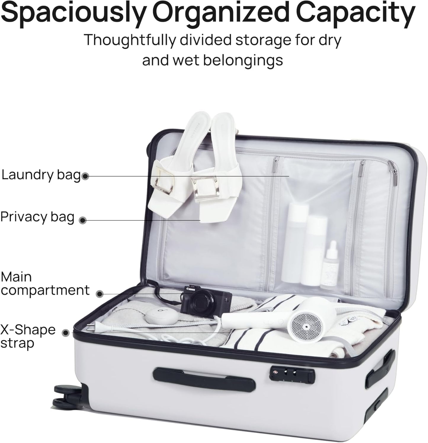 Carry On Suitcase, 20 Inch Carry-On Luggage with Double Spinner Wheels, Dry Wet Separate Design, PC Hard Case Suitcase, Lightweight Travel Luggage, TSA Approved (Solid White, Danube)