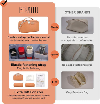 Travel Makeup Bag Organizer Cosmetic Bag: 3 Pcs Set Make up Bags for Women with Handle - Waterproof Vegan Leather Toiletry Bags with Comparments (C-08-Orange)