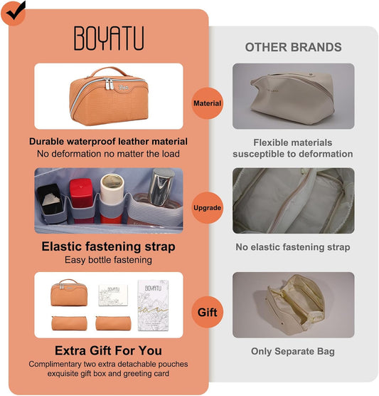 Travel Makeup Bag Organizer Cosmetic Bag: 3 Pcs Set Make up Bags for Women with Handle - Waterproof Vegan Leather Toiletry Bags with Comparments (C-08-Orange)