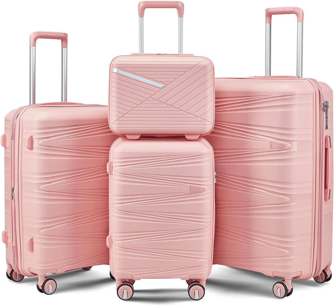 Campfun Luggage 4 Piece Sets, Expandable Carry On Luggage Set Hardshell PP, Suitcase Set with Double Spinner Wheels, Checked Durable Lightweight with TSA Lock, 14in 20in 24in 28in-Pink(C)