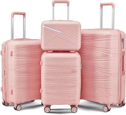 Campfun Luggage 4 Piece Sets, Expandable Carry On Luggage Set Hardshell PP, Suitcase Set with Double Spinner Wheels, Checked Durable Lightweight with TSA Lock, 14in 20in 24in 28in-Pink(C)