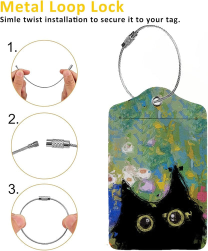 Oil Painting Black Cat 2 Pcs Luggage Tags,Privacy Cover ID Label with Stainless Steel Loop and Address Card for Travel Bag Suitcase
