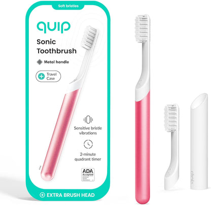 Quip Sonic Toothbrush for Adults with Timer - Includes Extra Brush Head and Travel Cover Mount - Electric, Soft Bristle Refill Head, Metal Handle, 3 Month Battery Life - Travel Toothbrush - Pink