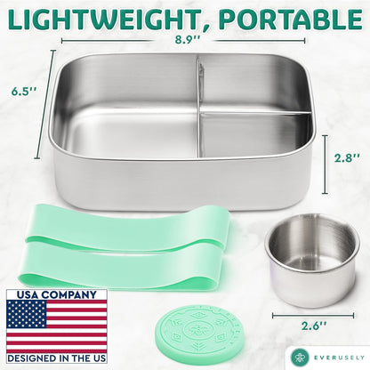 Everusely - Bento Box - Green, 60oz / 1.8 L - Stainless Steel Lunch Box with Leakproof Condiment Container - 3 Compartment Snack Organizer for On the Go Meals - Freezer & Dishwasher Safe