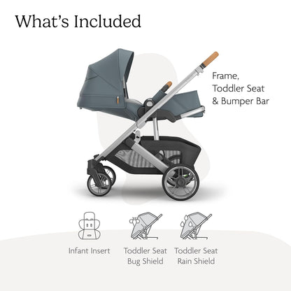 UPPAbaby Cruz V3 Stroller - from Birth + Car Seat Compatible - Full-Size, Reversible Seat - Infant Insert, Bug and Rain Shields Included - Callum (Stone Blue/Silver Frame/Sand Leather)