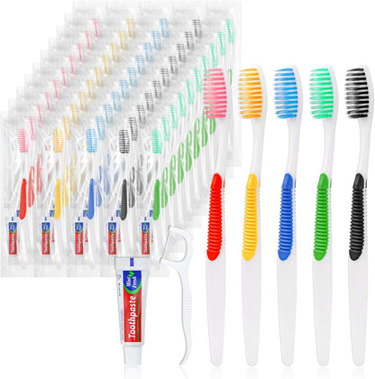 Disposable Toothbrushes with Toothpaste and Floss,10pcs Single Use Individually Wrapped Disposable Travel Toothbrushes and Dental Floss Kit Bulk for Homeless,Airbnb,Dentist,Hotel(5 Colors)