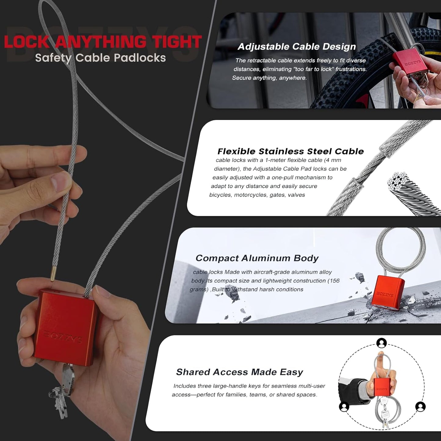 Adjustable Cable Locks with 3 Keys | 3.28ft L x 1/6in D Aluminum Steel Cable Padlock for Bikes, Gate, Lockers & Outdoor Gear | Keyed Different & Red