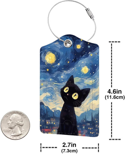 2 Pack Luggage Tag for Suitcase, Cute Unique Leather Bag Tags Identifiers Privacy Cover ID Label with Durable Steel Loop for Women Men Kids Girls Travel, Black cat Sky