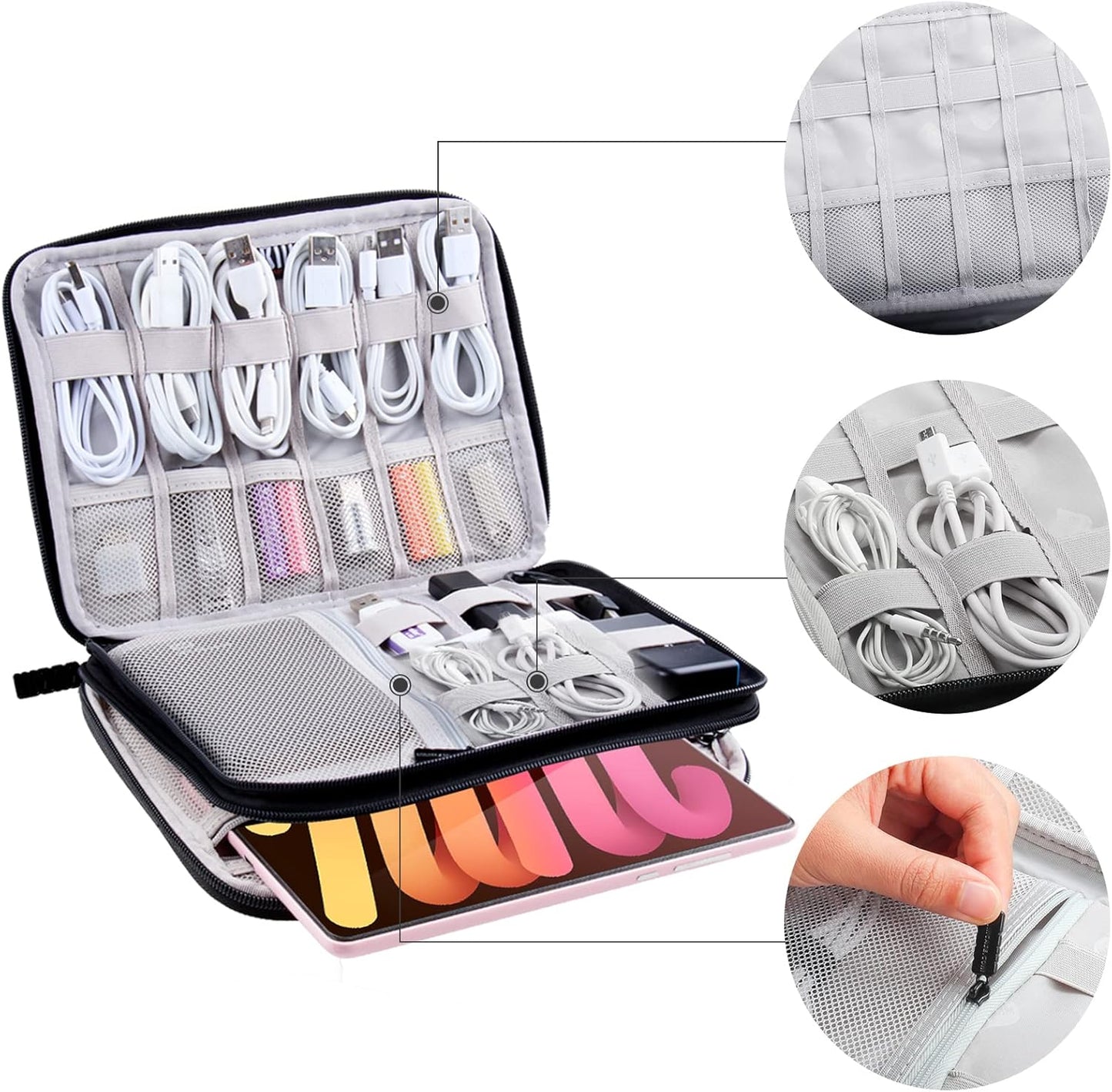 Electronics Organizer Travel Case Cord Cable Charger Organizer Bag Travel Accessories Essentials for Women Men Double Layers Tech Pouch with 5 Cable Ties for Phone Power Bank SD Card USB, Black