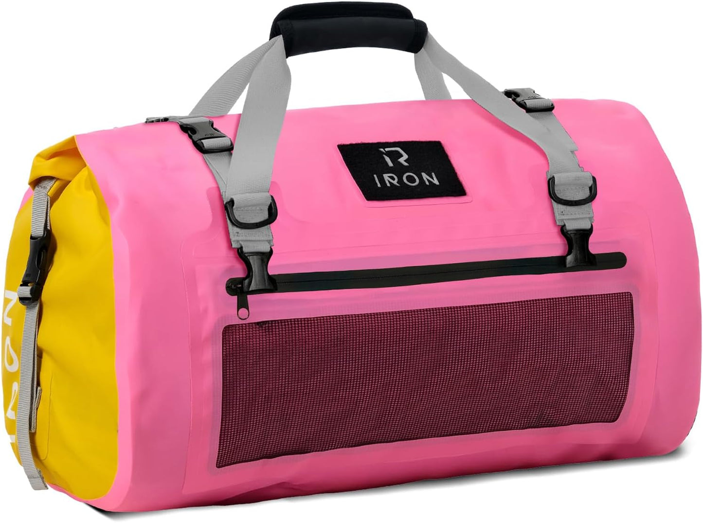 IRON JIA'S Motorcycle Dry Bag - Waterproof Duffle & Luggage Tail Bag Saddle Bags with Roll Top Closure, Shoulder Straps, Inner Pocket and Mesh Pocket (Pink, 50L)