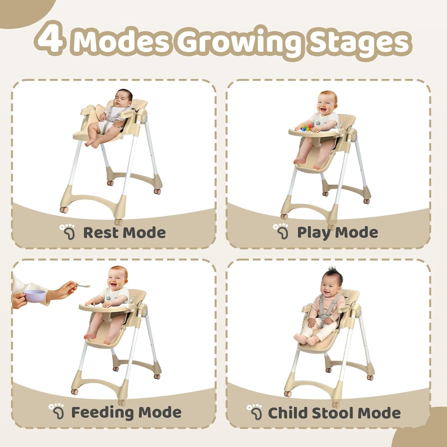 JOYMOR Foldable Baby High Chair, 4 in 1 Convertible Highchair for Eating, Height Adjustble and Multiple Recline, Compact Foldable Design for Easy Storage (Beige)