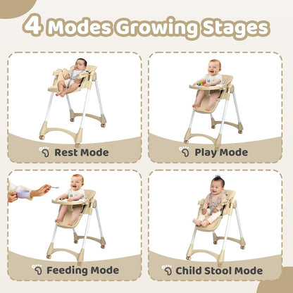 JOYMOR Foldable Baby High Chair, 4 in 1 Convertible Highchair for Eating, Height Adjustble and Multiple Recline, Compact Foldable Design for Easy Storage (Beige)