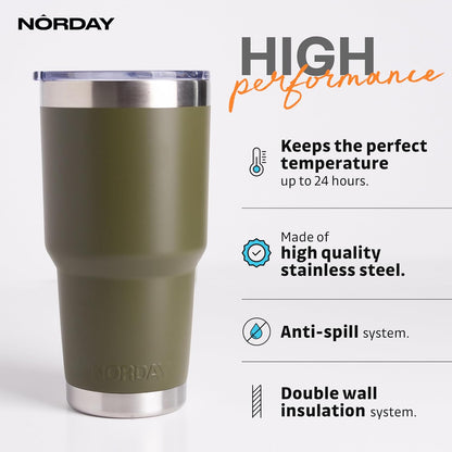NORDAY | Tumbler with Lid - 30oz - Military Insulated Tumbler - Stainless Steel Tumblers - Double Wall Insulated Travel Coffee Mug for Car Cup Holder - Keeps Temperature for 24hr - Anti Spill Lid