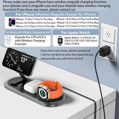 3 in 1 Fast Wireless Charger Stand for iPhone, Foldable Travel Charging Station for Magsafe for iPhone 17/Air/16/15/14/13/12 Series, Apple Watch Series, AirPods pro/2/3/4, Gifts for Women Men (Black)