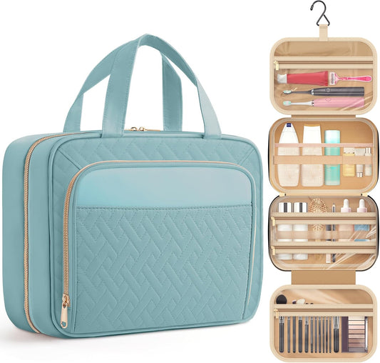 HOTOR Travel Toiletry Bag for Women & Men, Waterproof Makeup Bag with Hanging Hook and Multiple Pockets, Cosmetic Bags for Women, Travel Essentials, 11.2'' x 3.2'' x 8.9'', Light Blue