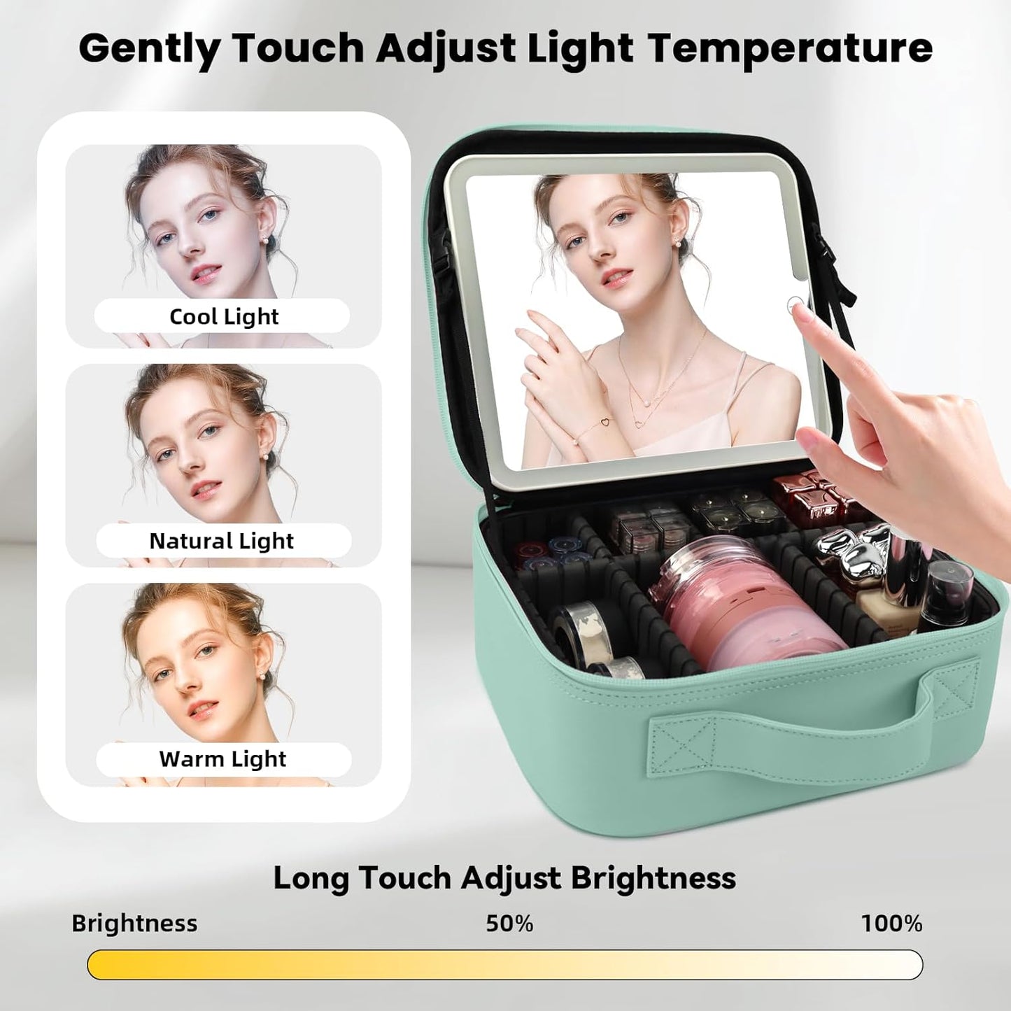 Travel Makeup Bag with LED Mirror and Light Makeup Travel Bag Organizer Portable Cosmetic Brush Organizer Bag with Adjustable Dividers for Cosmetics Makeup Brushes Toiletry (Light Green)