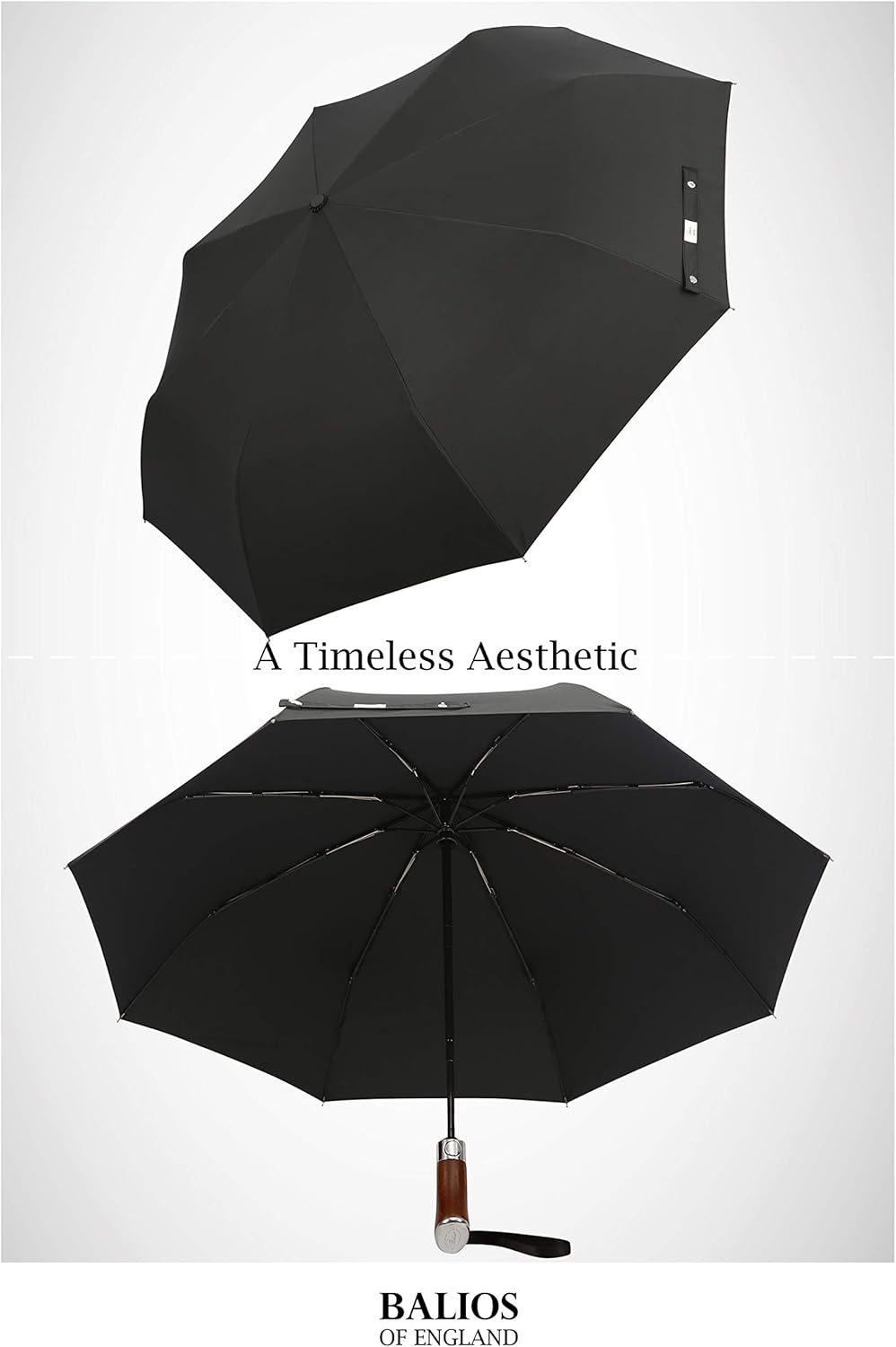 Balios (Designed in UK) Travel Umbrella Luxurious Golden Hardwood Handle Auto Open & Close Windproof Frame Single Canopy Automatic Folding Umbrella Men's & Ladies
