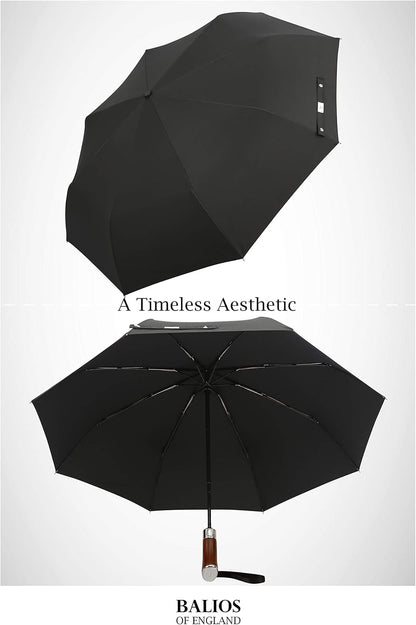 Balios (Designed in UK) Travel Umbrella Luxurious Golden Hardwood Handle Auto Open & Close Windproof Frame Single Canopy Automatic Folding Umbrella Men's & Ladies