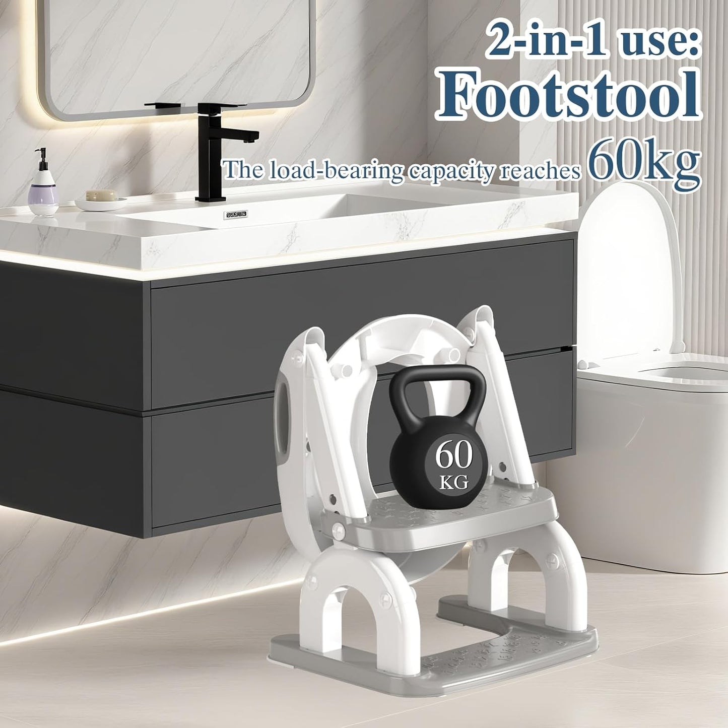 Potty Training Seat for Toddlers, Adjustable Height 2-in-1 Potty Training Toilet Ladder for Kids Boys Girls with Splash Guard, Waterproof Cushion, Anti-Slip Pad Step Stoo - Grey