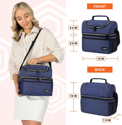 OPUX Lunch Box For Men Women, Insulated Large Lunch Bag Adult Work, Double Decker Lunchbox Meal Prep Dual Compartment Leakproof Lunch Cooler, Soft Lunch Pail Tote Boys Girls Kids School, Navy Blue 12L