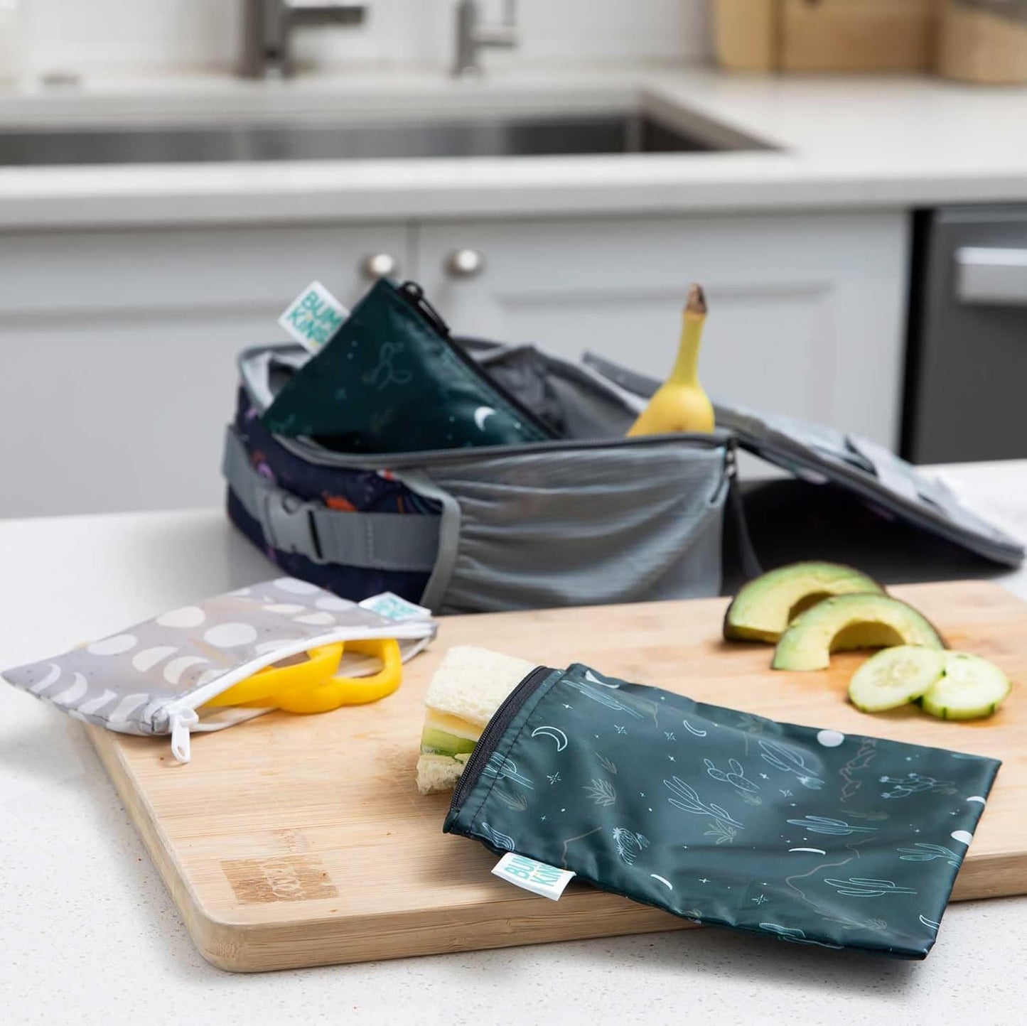 Bumkins Reusable Sandwich and Snack Bags, for Kids School Lunch and Adults Portion, Washable Fabric, Waterproof Cloth Zip Bag, Travel Pouch, Food-Safe Storage, Large 2-pk Desert Dk. Green and Gray