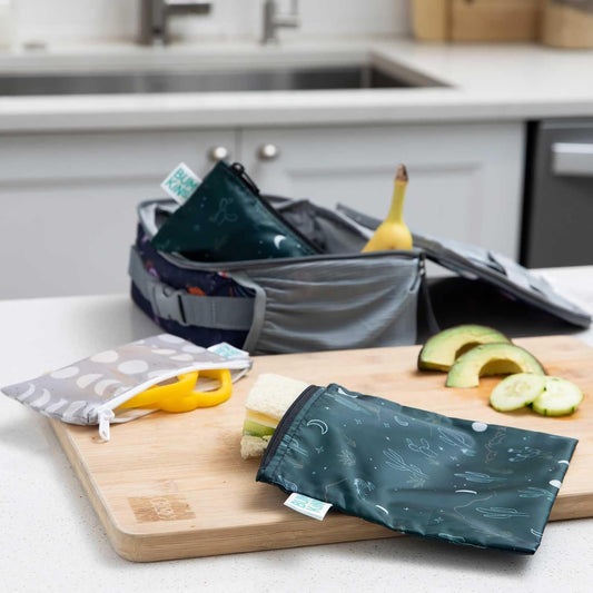 Bumkins Reusable Sandwich and Snack Bags, for Kids School Lunch and Adults Portion, Washable Fabric, Waterproof Cloth Zip Bag, Travel Pouch, Food-Safe Storage, Large 2-pk Desert Dk. Green and Gray