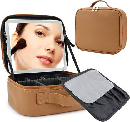 Travel Makeup Bag with LED Mirror Travel Makeup Organizer with 3 Lighted Settings, Adjustable Dividers and Makeup Brush Storage Bag Brown