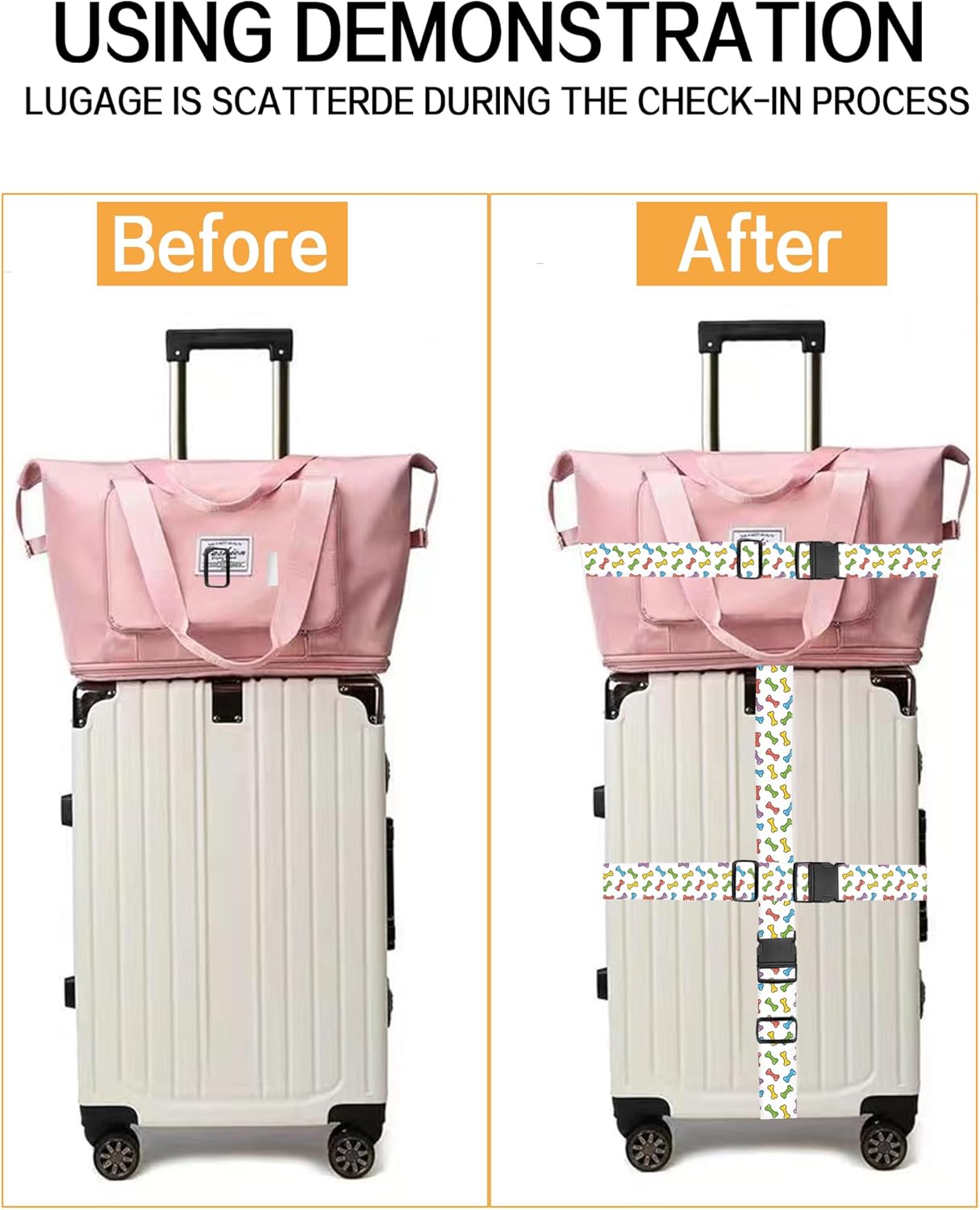 Luggage Straps for Suitcases, Adjustable Travel Belt, Durable Wide Luggage Strap, Cute Suitcase Strap Identifiers with Buckle, Bag Straps for Luggage, Cute Colorful Bones