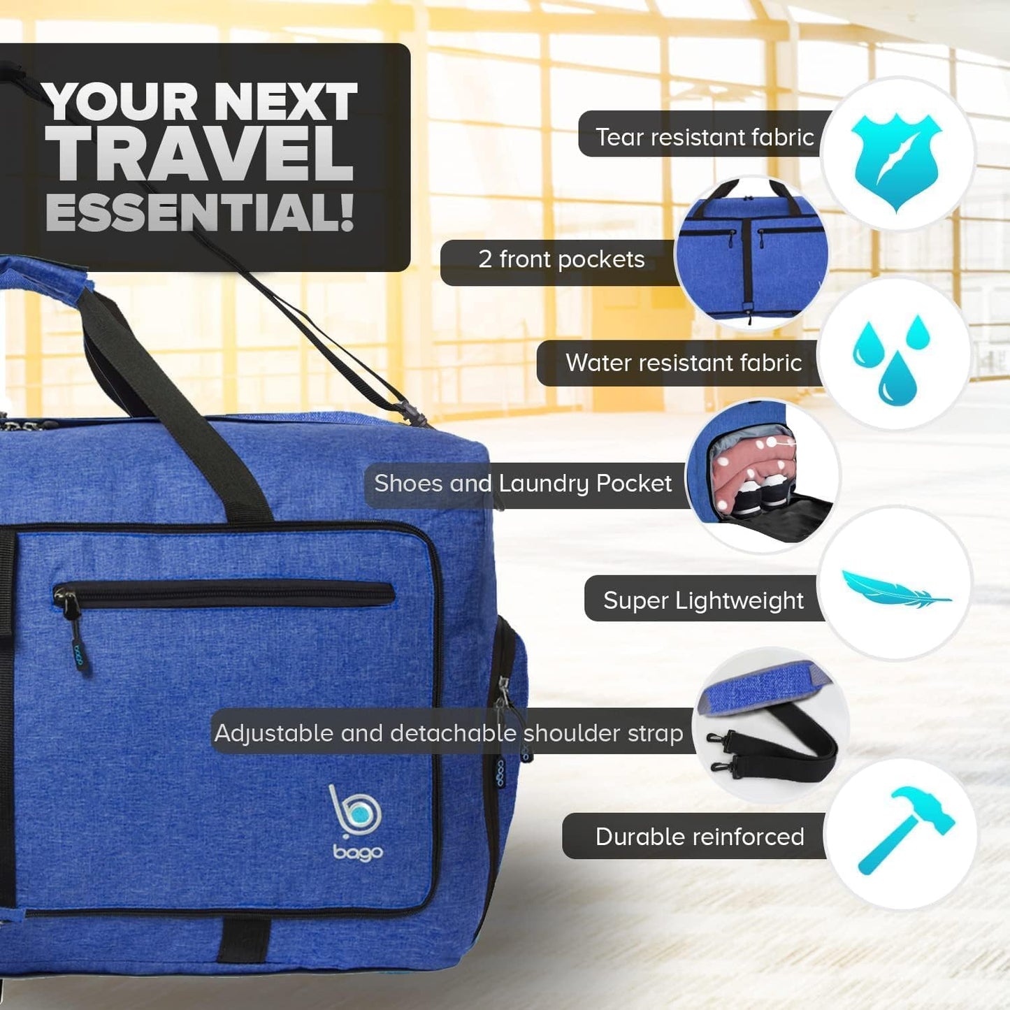 Bago Foldable Duffel Bags for Traveling Women & Men - 60L Medium Packable Duffle Bag for Travel with Shoe Compartment - Water Repellant, Heavy Duty, Lightweight Folding & Collapsible (SnowDepBlue)