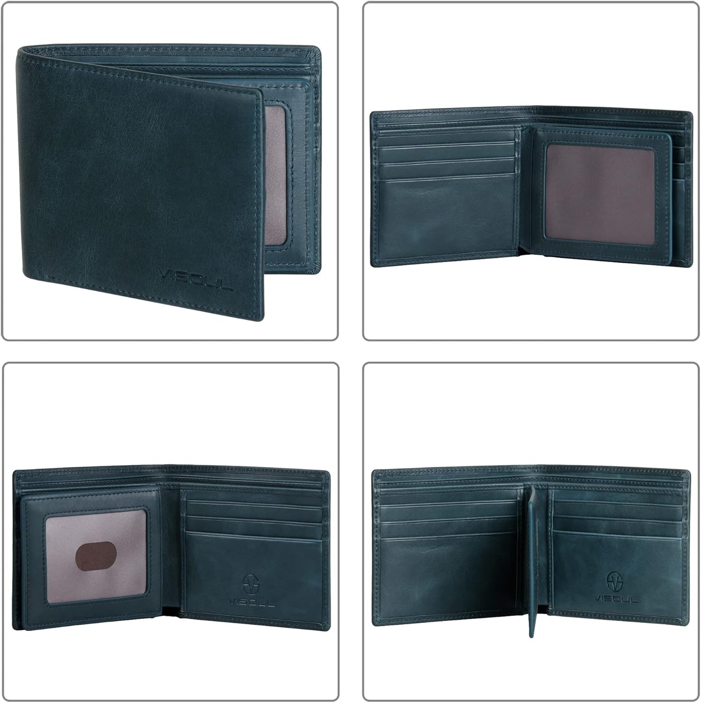VISOUL Mens Bifold Leather RFID Blocking Wallet with 2 ID Windows, Soft Genuine Leather Card Holder Wallet with 2 Cash Compartments for Men (Dark Blue)