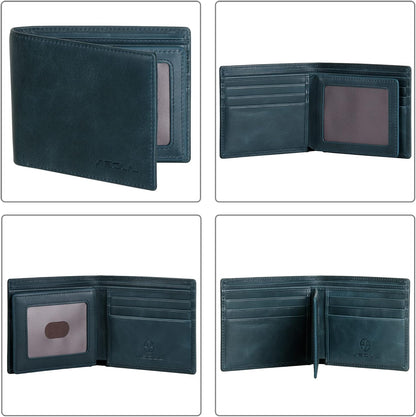 VISOUL Mens Bifold Leather RFID Blocking Wallet with 2 ID Windows, Soft Genuine Leather Card Holder Wallet with 2 Cash Compartments for Men (Dark Blue)