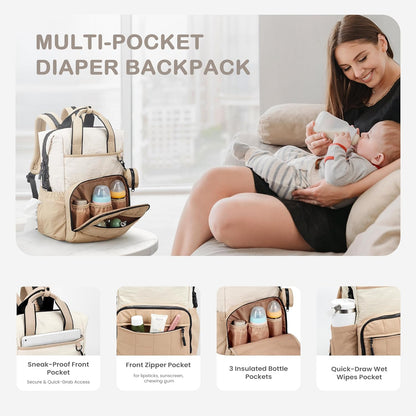VONAL Diaper Bag Backpack, Lightweight Baby Diaper Bags, Travel Large Diaper Bag with Changing Station, Khiki Diaper Backpack for Boys Girls Newborn with Insulated Pockets, Stroller Straps
