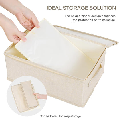 ANMINY 2PCS Storage Bins with Zipper Lids 13 Qt Lidded Fabric Storage Boxes Baskets Cubes with Handles Collapsible Washable Cotton Linen Closet Shelf Clothes Organizer Containers - Beige, Small