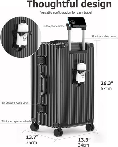 feilario 26in Super Large Captain Aluminum Frame Hardside Spinner Wheels Luggage, Zipperless Checked Suitcase with Cup Holder/Phone Holder